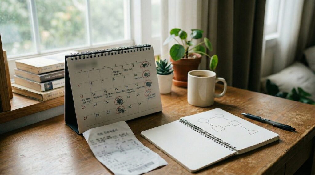 재진·추적 방문 비용 분산 구조를 시간 경로로 정리하는 재방문 일정과 영수증 장면