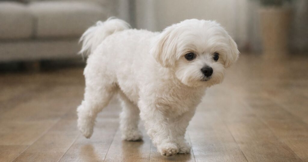 슬개골 탈구로 한쪽 다리를 들며 걷는 말티즈 보행 패턴 변화 모습