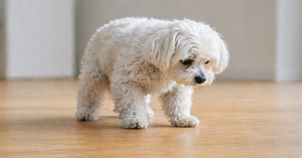 실내에서 활동량이 줄고 망설이는 행동을 보이는 저활력 상태의 말티즈 클로즈업