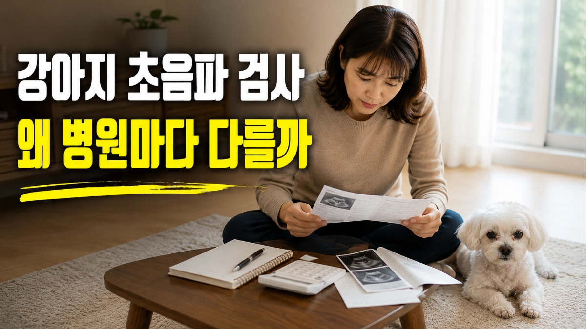 노령 말티즈를 돌보는 보호자가 강아지 초음파 검사 상담 내용을 확인하는 모습
